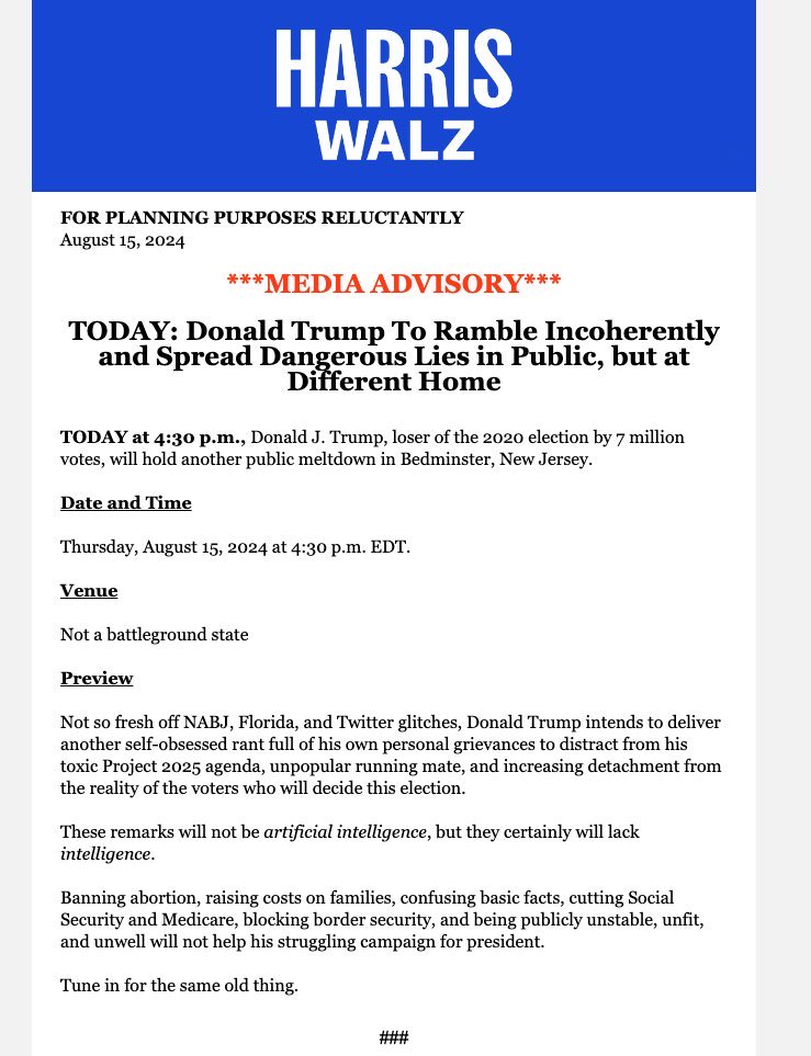The Harris campaign just released this statement ahead of Trump’s press conference today. They’re so good at this.