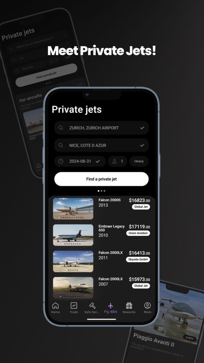 4bit_cex's tweet photo. Now you can book a Private Jet within Fly 4Bit! 

Light, Midsize, Heavy jets, and even helicopters — choose the perfect aircraft for your journey and experience ultimate luxury and convenience.

The update is already available on Google Play.