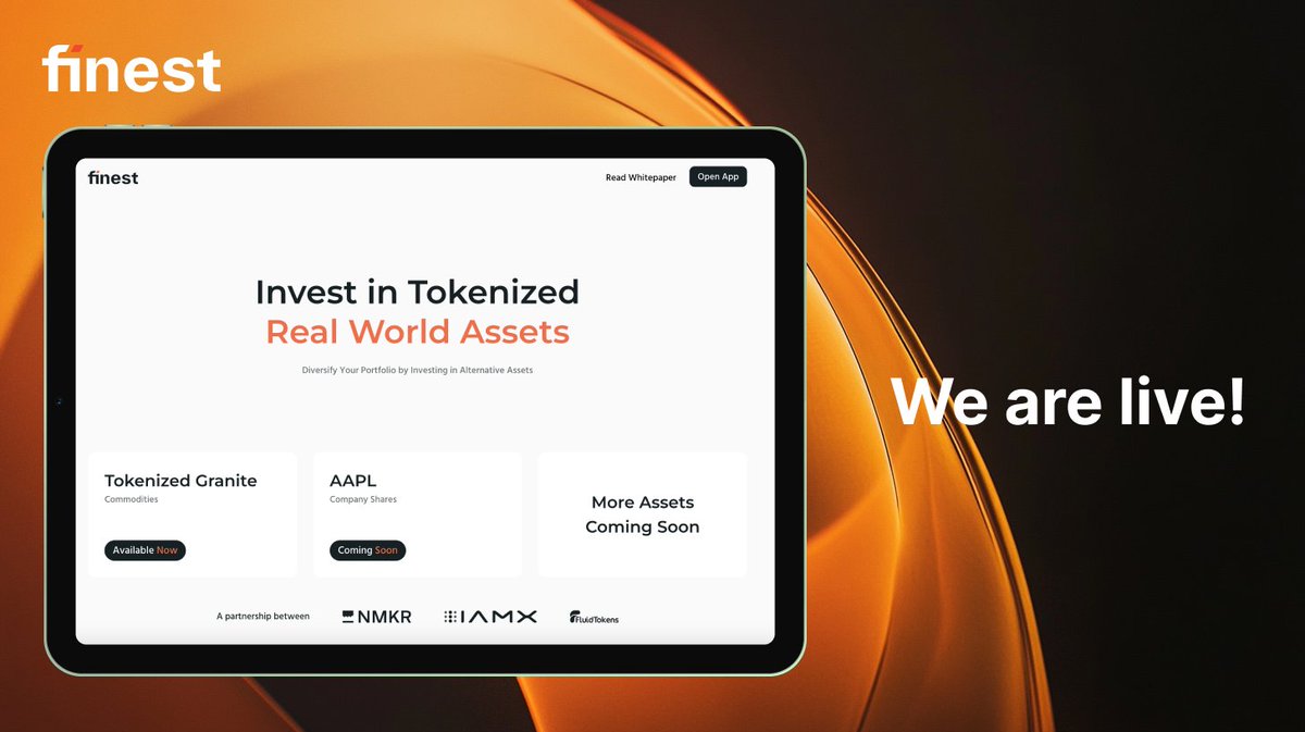 Good Morning.

We are happy to announce that finest is now live on the <a href="/Cardano/">Cardano Community</a> mainnet.

Finest is a Real World Asset Tokenization platform.

We are here to bring

- Tokenized Commodities
- Tokenized Stocks
- Tokenized Bonds

on-chain.

All in a 100% compliant way!