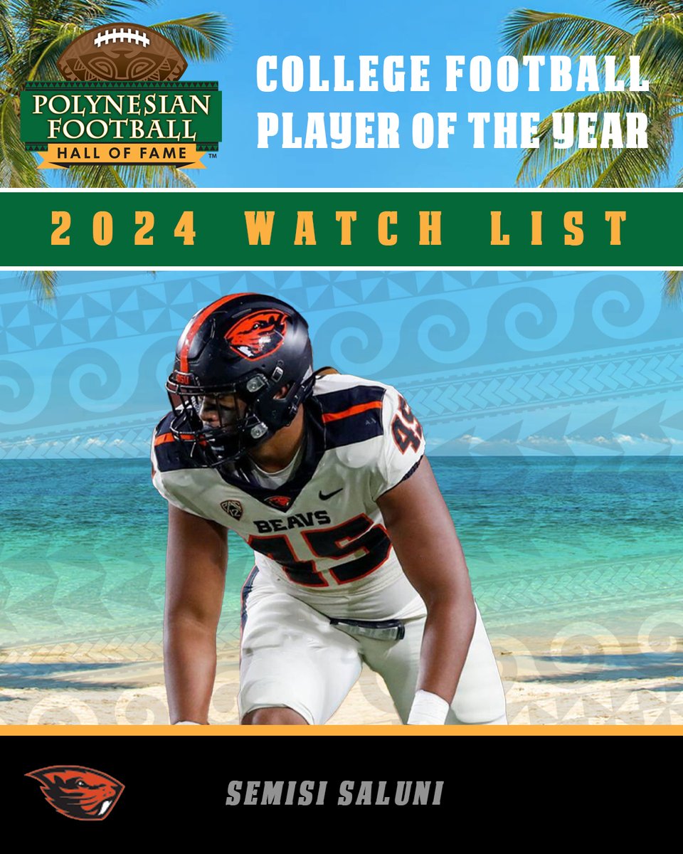 Polynesian Football (@polynesianfbhof) on Twitter photo 2024 Polynesian College Football Player of the Year Award Watch List: <a href="/BeaverFootball/">Oregon State Football</a> DL Semisi Saluni 🤙🏽🌴
🔗 polynesianfootballhof.org/releases/2024-… 2024 Polynesian College Football Player of the Year Award Watch List: <a href="/BeaverFootball/">Oregon State Football</a> DL Semisi Saluni 🤙🏽🌴
🔗 polynesianfootballhof.org/releases/2024-…