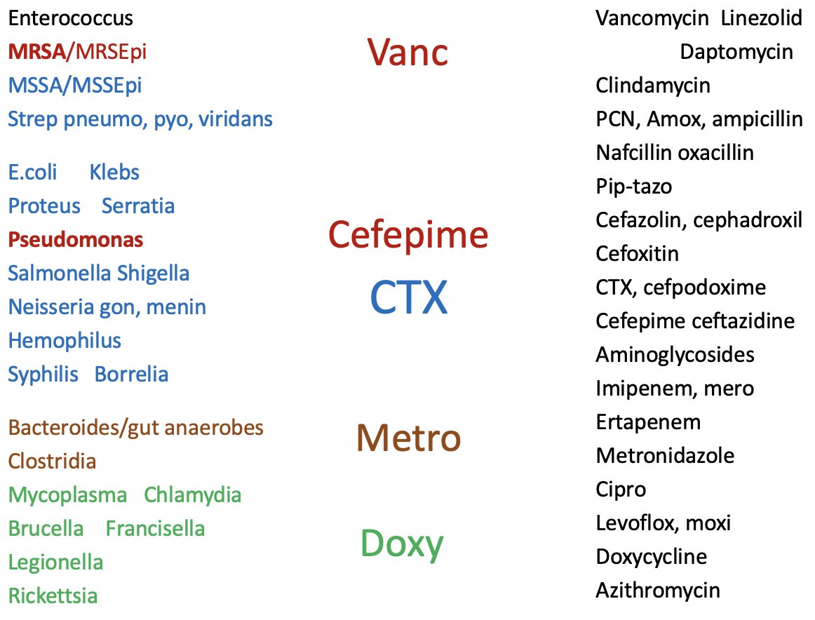 Empiric inpatient antibiotic selection simplified: 3 things to know as a start

1. Ceftriaxone has an impressive spectrum

2. What's up with "vancopeme"? Vanc targets MRSA. Cefepime is CTX + pseudomonas.

3. Which remaining holes metro and doxy cover