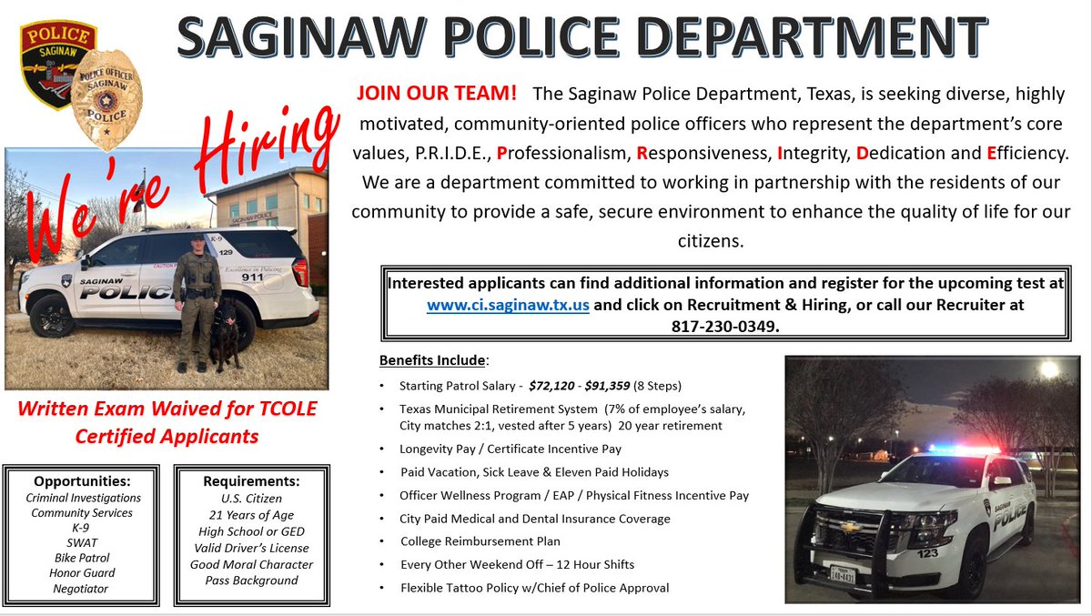 We're Hiring!  Checkout the updated starting salary and step plan information below.  If you are a certified police officer the written test will be waived, for all others please contact our Recruiter to get your name on the list for our next test date.