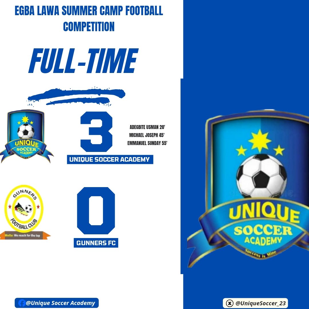 UniqueSoccer_23's tweet photo. SEMI-FINAL spot booked at EGBA LAWA SUMMER CAMP FOOTBALL COMPETITION.

#USAGFC | #WeAreUnique | #Immortalboys | #uniquesocceracademy | #SuccessIsMine https://t.co/NzzVkxh55E