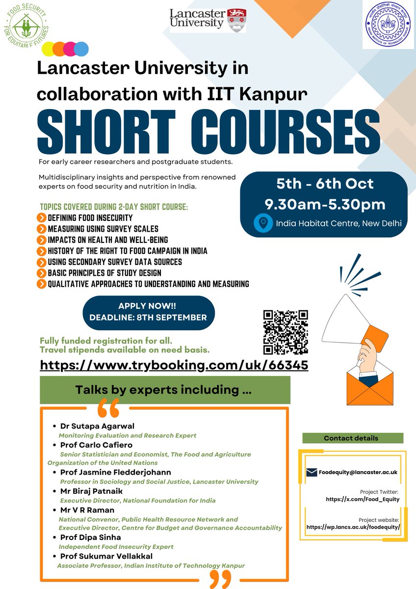 📢🔔We are thrilled to share this exciting opportunity for postgrad students &amp; early career researchers in India. 
These short courses include multidisciplinary insights &amp; perspective from renowned experts on food security &amp; nutrition in India.

Apply now:
trybooking.com/uk/events/land…