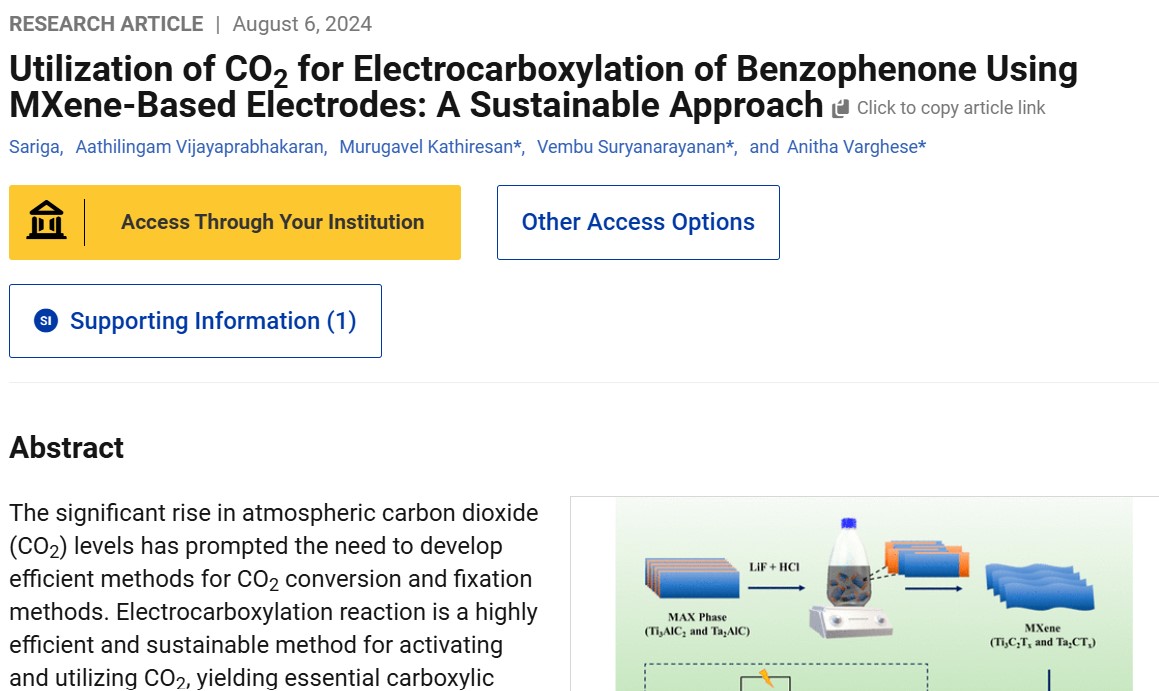 Anitha Varghese Lab (@anithalab) on Twitter photo Delighted to share our latest research article on Utilization of CO2 for Electrocarboxylation of Benzophenone Using MXene-Based Electrodes: A Sustainable Approach in ACS Sustainable Chemistry & Engineering. Congratulations to the entire team! <a href="/ACSSustainable/">ACS Sustainable Journals</a> Delighted to share our latest research article on Utilization of CO2 for Electrocarboxylation of Benzophenone Using MXene-Based Electrodes: A Sustainable Approach in ACS Sustainable Chemistry & Engineering. Congratulations to the entire team! <a href="/ACSSustainable/">ACS Sustainable Journals</a>