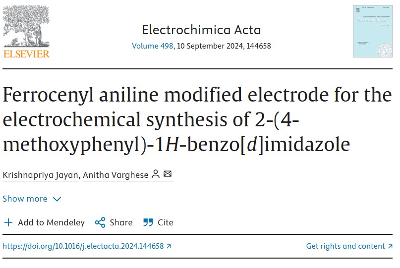 AnithaLab's tweet image. Delighted to share our latest research article on Ferrocenyl aniline modified electrode for the electrochemical synthesis of 2-(4-methoxyphenyl)-1H-benzo [d] imidazole in Electrochimica Acta (IF - 5.5). Congratulations to the entire team! @ElsevierConnect
