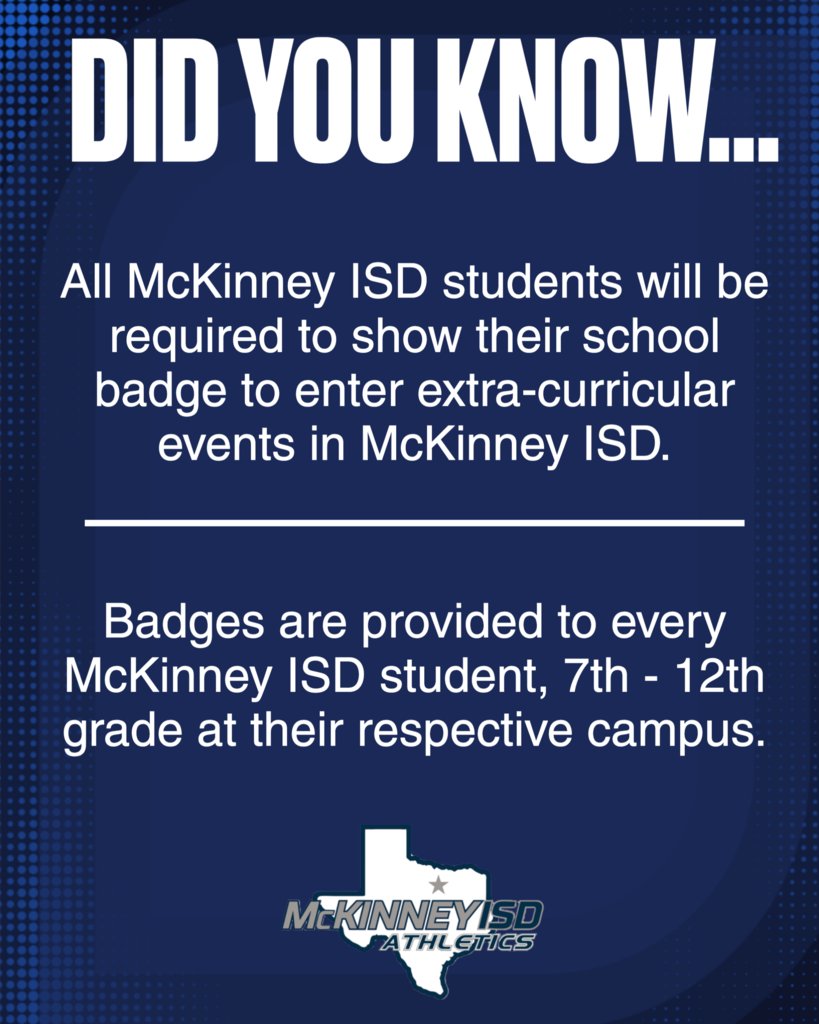 McKinneyISD Ath Dept (@mckisdath) on Twitter photo Students be sure you have your school ID badge with you when you show up for a game! <a href="/MHSLions/">McKinney High School</a> <a href="/BroncoTweet/">McKinney Boyd HS</a> <a href="/McKinneyNorthHS/">McKinney North HS</a> Students be sure you have your school ID badge with you when you show up for a game! <a href="/MHSLions/">McKinney High School</a> <a href="/BroncoTweet/">McKinney Boyd HS</a> <a href="/McKinneyNorthHS/">McKinney North HS</a>
