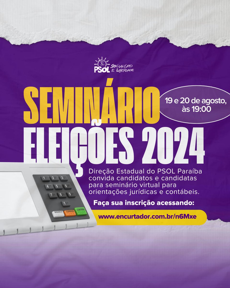 PSOLPB's tweet photo. 📒 Anota na agenda

Dias 19 e 20 teremos nosso seminário virtual para candidatas e candidatos com orientações jurídicas e contábeis. Faça sua inscrição no https://t.co/TNkpL9do7w https://t.co/HokeygOF29