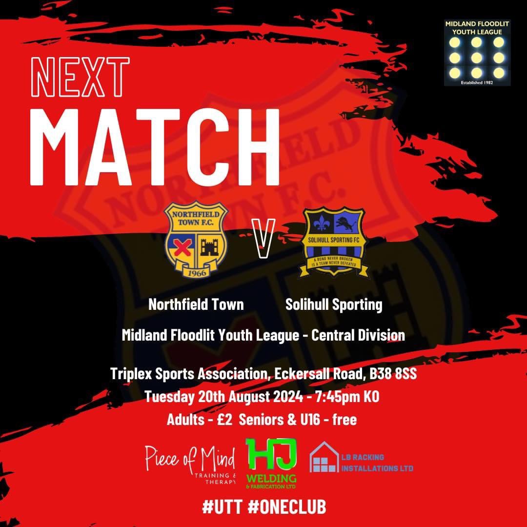 NorthfieldTown's tweet photo. 🚨𝗙𝗜𝗫𝗧𝗨𝗥𝗘 𝗔𝗟𝗘𝗥𝗧🚨

Our U18’s will be looking to pick up their first points of the season when they take on Solihull Sporting next Tuesday (20/08) evening in the MYFL.

Admission is £2 for adults, free for Seniors &amp; U16’s (𝗖𝗔𝗦𝗛 𝗢𝗡𝗟𝗬)

🖤🤍 #UTT #oneclub https://t.co/DcNBgCZPhl