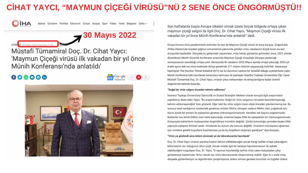 turkdegs's tweet photo. ‼️"Cihat Yaycı 2 yıl önce görmüştü! Maymun Çiçeği Virüsü ve biyolojik savaş uyarısı şimdi gerçek oldu!!

📌Cihat Yaycı , Maymun Çiçeği Virüsü'ne tam 2 sene önceden dikkat çekerek “Büyük ülkelerin savaş konseptinde artık biyolojik silahlar var” diye dikkat çekerek bugünkü gelişmeleri bilmişti...

📌İşte Cihat Yaycı'nın 2022 yılında yaptığı Maymun Çiçeği Virüsü analizi ve öngörüsü

👇👇👇
https://t.co/GVsqYIr13Y