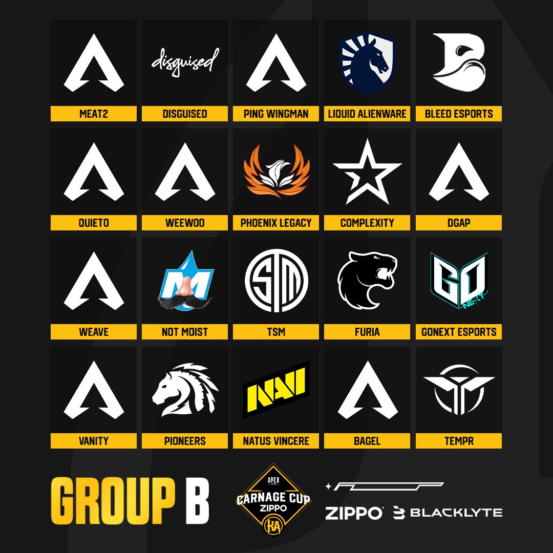 KnightsArena's tweet photo. GROUP 🅱️

Meat2 · @Disguised · Ping Wingman · @TeamLiquid · @ggBleed · @QUIETO_APEX · Phoenix Legacy · @Complexity · DGAP · @WEAVEapex · @WeeWooNA · @MoistEsports · @TSM · @FURIA · @GoNextEsports · Vanity · @PioneersGG · @natusvincere · Bagel · @TemprGG https://t.co/0l8JOAtfOq