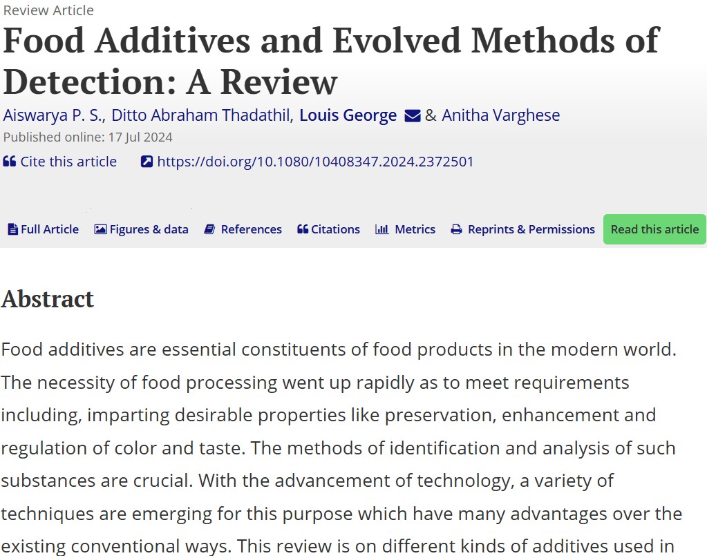 Anitha Varghese Lab (@anithalab) on Twitter photo Delighted to share our latest review article on Food Additives and Evolved Methods of Detection: A Review in Critical Reviews in Analytical Chemistry (IF - 4.2). Congratulations to the entire team! <a href="/WeAreTandF/">Taylor & Francis</a> Delighted to share our latest review article on Food Additives and Evolved Methods of Detection: A Review in Critical Reviews in Analytical Chemistry (IF - 4.2). Congratulations to the entire team! <a href="/WeAreTandF/">Taylor & Francis</a>