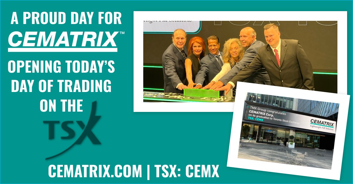 CematrixCorp's tweet photo. A proud day for CEMATRIX opening today’s day of trading on the TSX.  
$CEMX.T | $CTXXF https://t.co/HTObAYuE9a