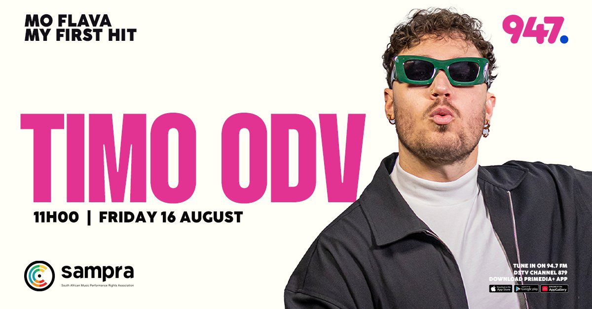 947's tweet photo. 🔊 #MyFirstHitOn947 where artists chat about their first hit &amp; what it meant to them then.

🎙️ TiMO ODV
🗓️ Friday 16 August 
⏲️ 11h00

Brought to you by @OfficialSAMPRA

#LoveTheBeatPayForPlay #SAMPRAx947 https://t.co/r7WYIi335F