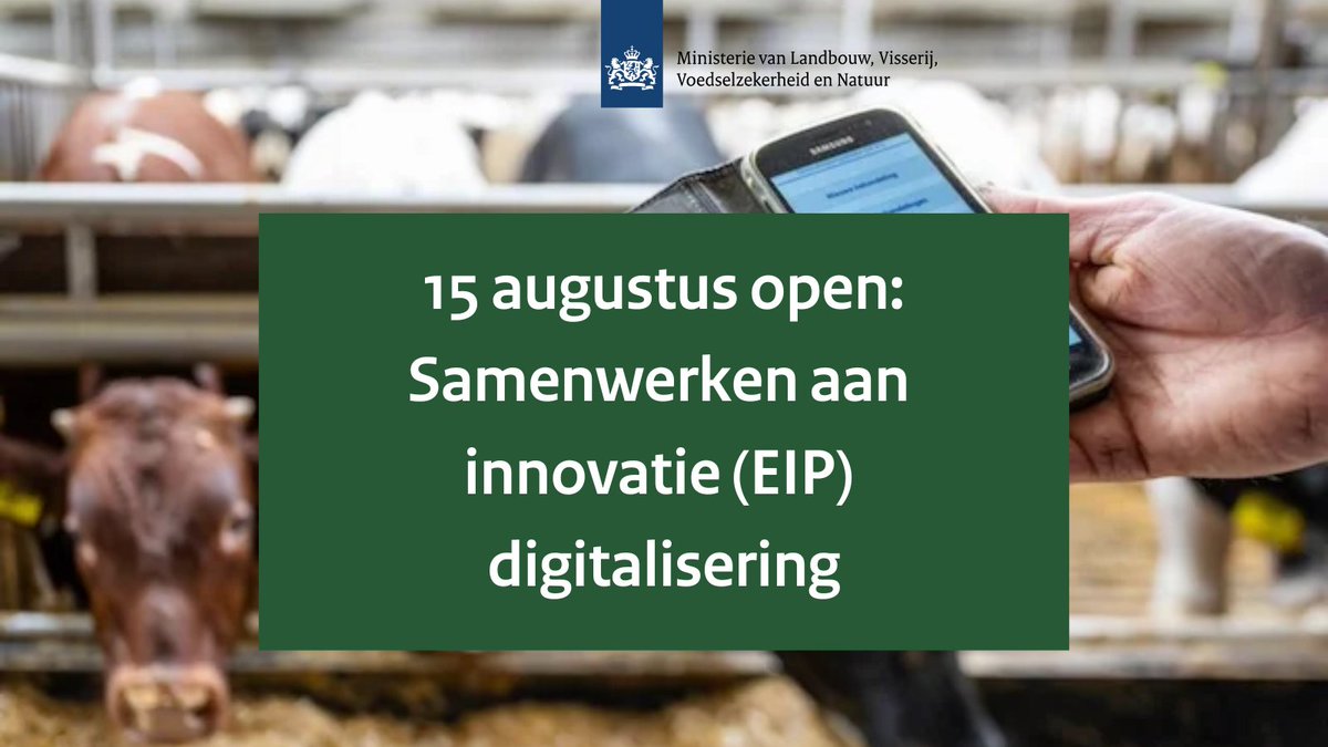 📢 🔔 Vanaf vandaag kunt u subsidie aanvragen voor "Samenwerken aan innovatie (EIP) digitalisering"! 🌱 Samenwerkingsverbanden kunnen tot 20/9 17.00 uur subsidie aanvragen voor projecten die bijdragen aan digitalisering en duurzaamheid in de landbouw. Zie: rvo.nl/subsidies-fina…