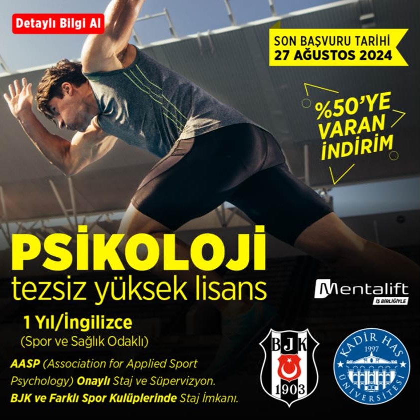 Spor Psikolojisi Yüksek Lisansımız için son başvuru tarihi 27 Ağustos 2024. Daha detaylı bilgi almak, ders programını incelemek ve başvuru yapmak için aşağıda linke tıklayarak websitesini inceleyebilirsiniz.

sgs.khas.edu.tr/tr/yuksek-lisa…