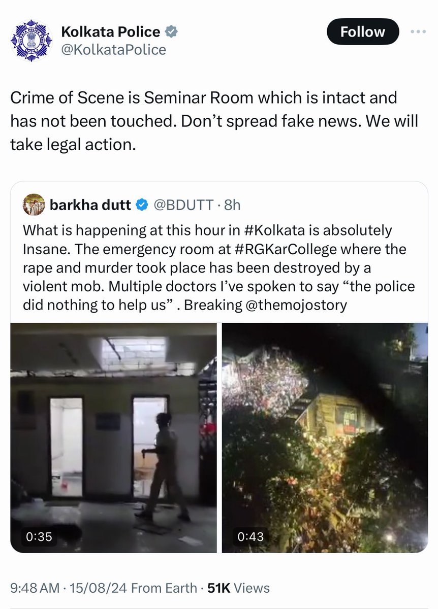 <a href="/TimesAlgebraIND/">Akash Anand</a> Kolkata Police online 🗿
Kolkata Police on ground 🤡

Instead of threatening Journalists online and saying this room that room was not vandalised, 

Kolkata Police should answer how did the goons attack protest site and vandalise college? Was police sleeping?

If goons entered