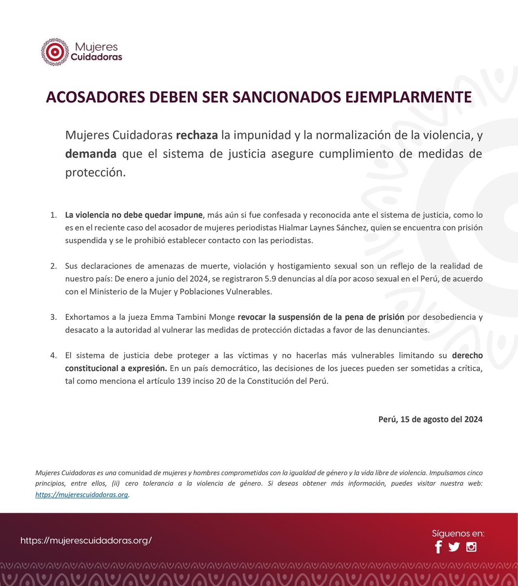📢 La asociación Mujeres Cuidadoras comunica lo siguiente:

<a href="/ManuCamacho/">Manuela Camacho</a> <a href="/Poder_Judicial_/">Poder Judicial Perú</a> 
#MujeresCuidadoras #NoMásViolencia #NoMásImpunidad #Acoso #Justicia #Periodistas