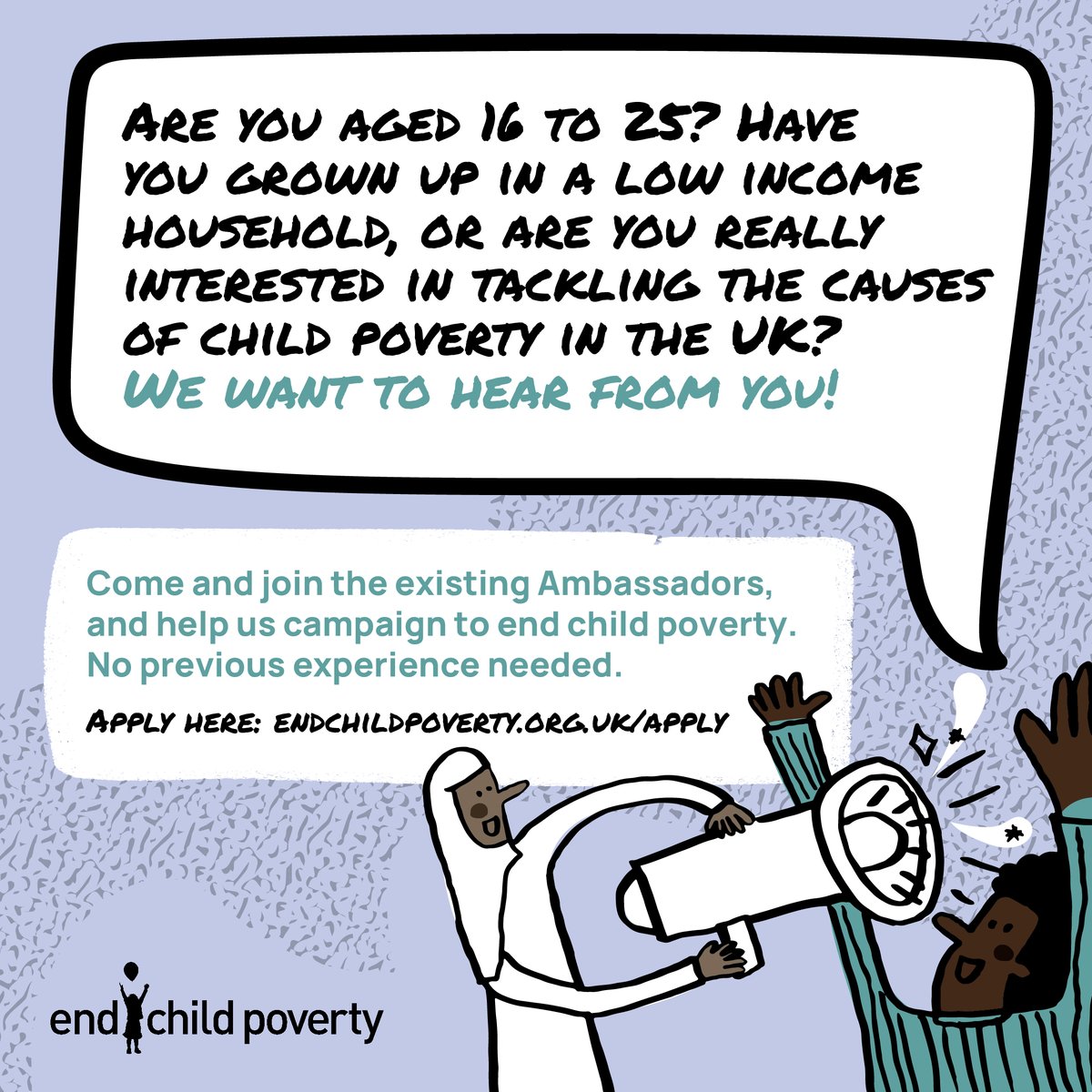 Want to convince MPs to end child poverty in the UK, or perhaps you want to write about young people's experiences of poverty, or gain experience of campaigning?

📢Apply to become a Youth Ambassador for the <a href="/EndChildPoverty/">End Child Poverty</a> Coalition before 30th Sept
endchildpoverty.org.uk/apply/