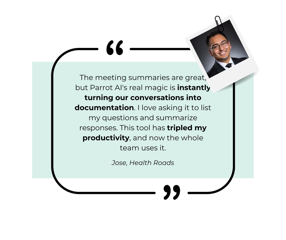 We’re delighted to see <a href="/ParrotAI_Inc/">Parrot AI🦜</a> improving Jose from Health Roads' productivity. Here's what he had to say about using Parrot AI:

“I love asking Parrot AI to list my questions and summarize responses. This tool has tripled my productivity.”

Click here to learn more: