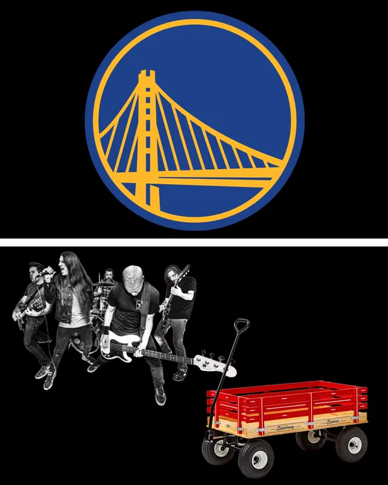 Warriors logo on top. Bottom has image of a band and a wagon.