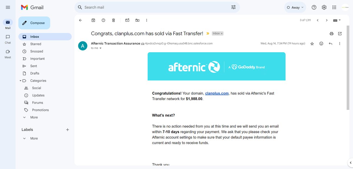 dignitydomains's tweet photo. sold @afternic🙏, afternic broker done great job, initially received 1k offer, I asked to counter offer 1.5k, broker said give it a shot, then I followed up in few days as no new update, I said I can accept 1k offer, then boom, its sold BIN.🥳 https://t.co/5vHYL4Pj8z