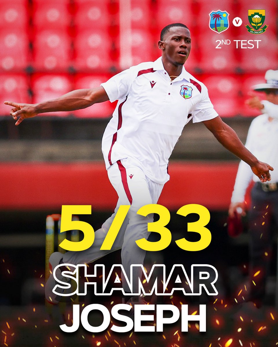 windiescricket's tweet photo. A day to remember!💥

Shamar Joseph becomes the 2nd West Indian to take a fifer at the Guyana National Stadium!🏟️ 

#WIvSA | #MenInMaroon https://t.co/cxQEjWRJld