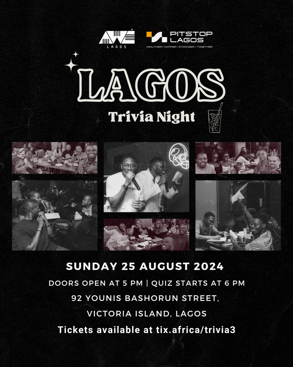 AweLagos's tweet photo. Lagos Trivia Night is back for another edition next weekend at Pitstop Lagos, Victoria Island.

We’ll be covering a range of categories from Music, History, Arts &amp; Culture, Sports, and Geography, etc..

Solo &amp; Team Tickets are available via https://t.co/Dd0NBZNdYx https://t.co/6J7OVrZMKq