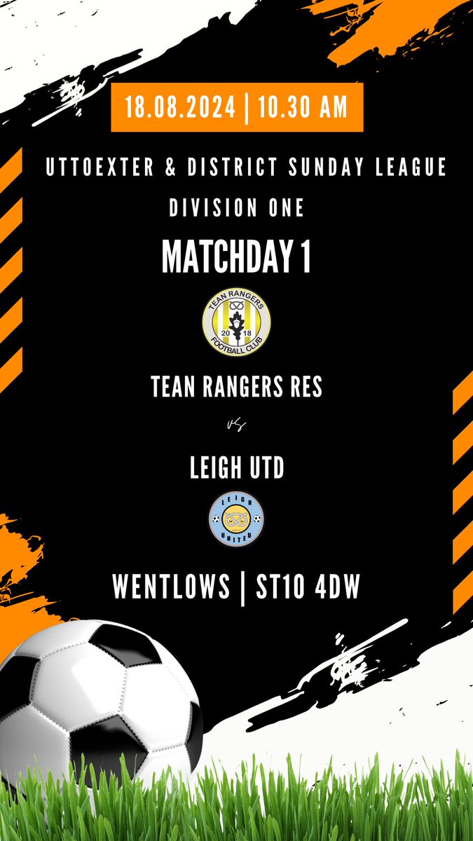 TRC_FC's tweet photo. 🚨 NEW SEASON ALERT 🚨

This Sunday, we're finally back in Uttoxeter &amp; District Sunday League action as we welcome Leigh United FC to our new home at Wentlow's!

🟠⚫️⚽️ #comeonyougers https://t.co/qjHtnvhQzz
