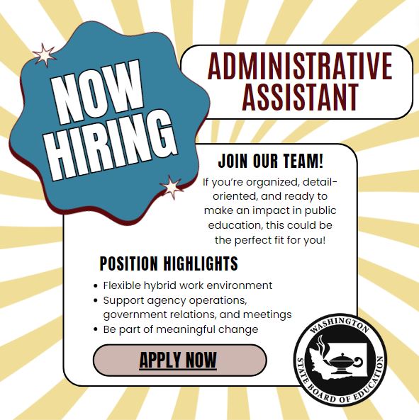 Join our team: SBE is hiring an Administrative Assistant! If you're organized, detail-oriented, and ready to make an impact in public education, apply today: governmentjobs.com/careers/washin…