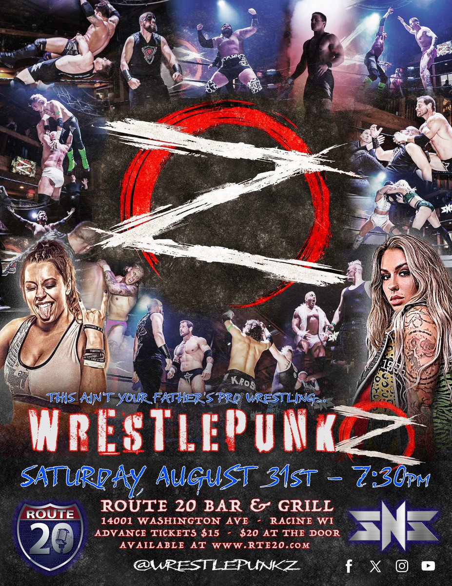 THE #WRESTLEPUNKZ RETURN on Saturday, August 31st at 7:30pm!  Be there and witness the action LIVE at #Racine Wisconsin’s epic concert hall, <a href="/routetwenty/">Route 20</a>! 

Tickets are now available at RTE.com!  Get yours today!!!

#prowrestling #punkz