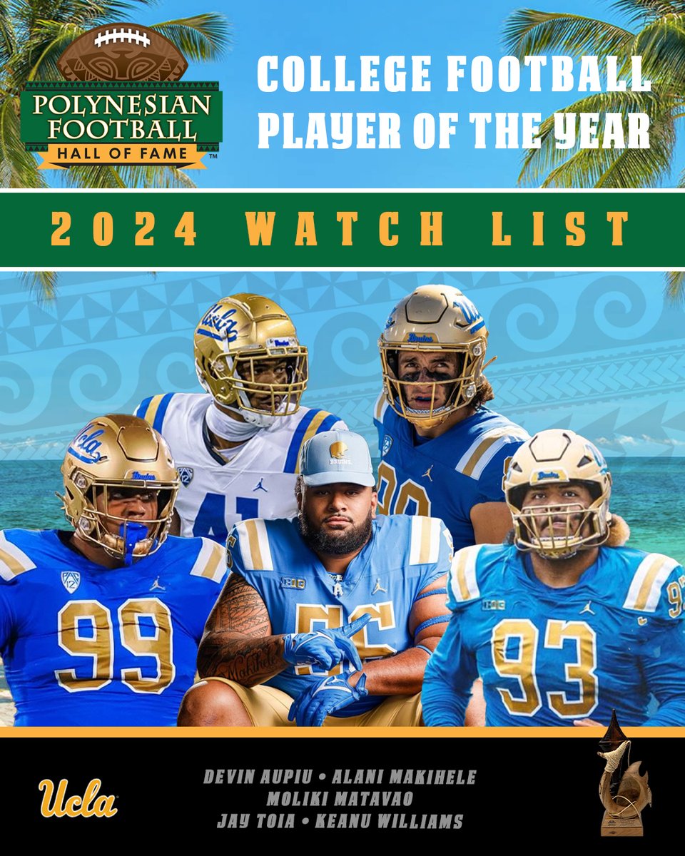 Polynesian Football (@polynesianfbhof) on Twitter photo 2024 Polynesian College Football Player of the Year Award Watch List: <a href="/UCLAFootball/">UCLA Football</a> DL Davin Aupiu, OL Alani Makihele, TE Moliki Matavao, DL Jay Toia, DL Keanu Williams ๐ค๐ฝ๐ด
๐ polynesianfootballhof.org/releases/2024-โฆ 2024 Polynesian College Football Player of the Year Award Watch List: <a href="/UCLAFootball/">UCLA Football</a> DL Davin Aupiu, OL Alani Makihele, TE Moliki Matavao, DL Jay Toia, DL Keanu Williams ๐ค๐ฝ๐ด
๐ polynesianfootballhof.org/releases/2024-โฆ
