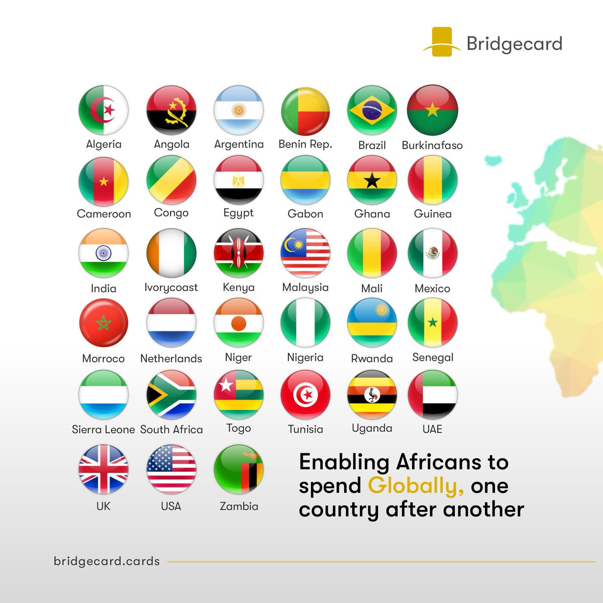 mybridgecard's tweet photo. One African country at a time, by partnering with amazing Fintechs, we are helping Africans  pay for global services with our virtual Dollar/Naira cards.

Check us out at https://t.co/J2AnvMnVLE or shoot us an email at issuecards@bridgecard.co to get started with card issuing https://t.co/yTgsKjUa9t