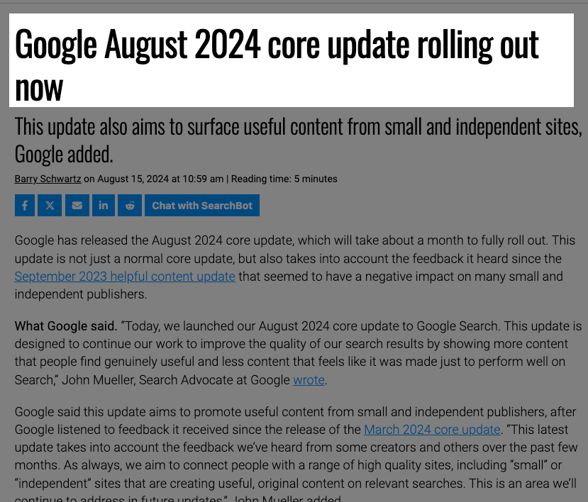 chris_nectiv's tweet photo. It's FINALLY here. The August 2024 Core Update is officially rolling out today. Google is looking to reverse the damage its done to independent sites: 

- Over the past few months, Google has been getting feedback from smaller, independent publishers about the recent search updates. 

- Part of the August 2024 Core Update incorporates this feedback in order to help these sites that "are creating useful, original content

- Google has also updated their page that gives advice on how to respond to their Core updates. 

- In this updated guidance that the biggest gains impacted sites often see are after another Core Update has rolled.

Will be interesting to see the results of this and if we see smaller sites start seeing increased visibility in the search engines again.

h/t @rustybrick 

https://t.co/g7TOzJ2pHl