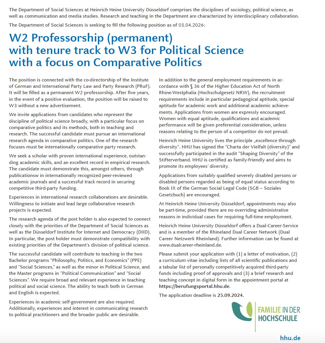 Thomas Winzen (@t_winzen) on Twitter photo We are seeking applications for a Professorship of Comparative Politics at the Department of Social Sciences <a href="/HHU_de/">Heinrich-Heine-Universität Düsseldorf</a> . This is a tenured Professorship (W2) with possibility of promotion (W3) after a positive evaluation. berufungsportal.hhu.de We are seeking applications for a Professorship of Comparative Politics at the Department of Social Sciences <a href="/HHU_de/">Heinrich-Heine-Universität Düsseldorf</a> . This is a tenured Professorship (W2) with possibility of promotion (W3) after a positive evaluation. berufungsportal.hhu.de