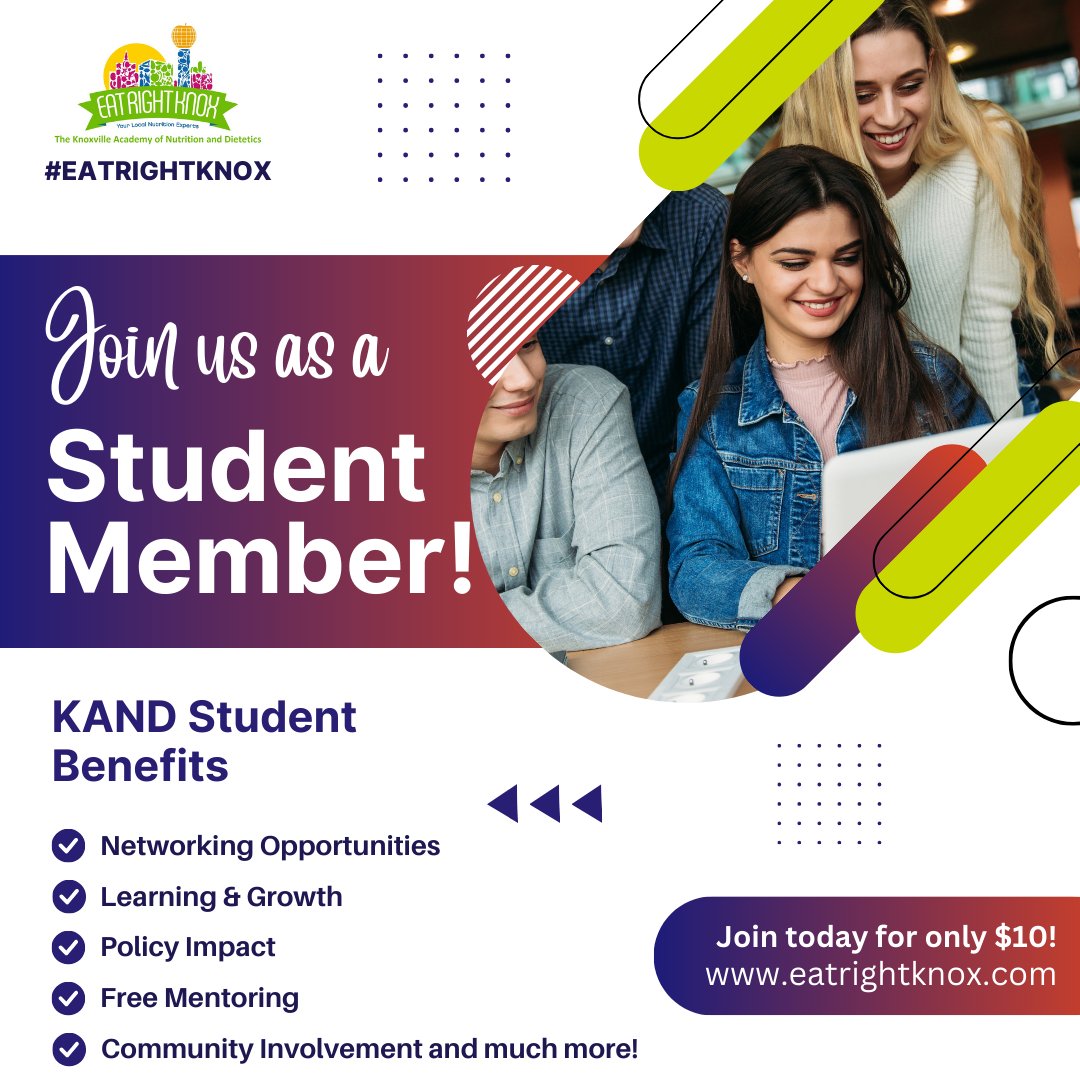 Attention students! Passionate about nutrition and dietetics? Join KAND and boost your career! 🌟

Join KAND for networking, learning, leadership, and mentoring - all for just $10! 

Join now: eatrightknox.org/join-kand/ 

#eatrightknox #KAND #NutritionStudents #Dietetics #JoinUs