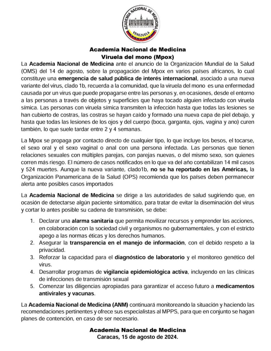 muvcarabobo's tweet photo. La Academia Nacional de Medicina @acamedve1 emite un #Comunicado a la opinión pública en relación a la declaración hecha por la OrganizaciónMundial de la Salud @opsoms de Emergencia de salud pública de interés Internacional, de los casos de #ViruelaSimica #Mpox en África. https://t.co/qf6czYB8fL