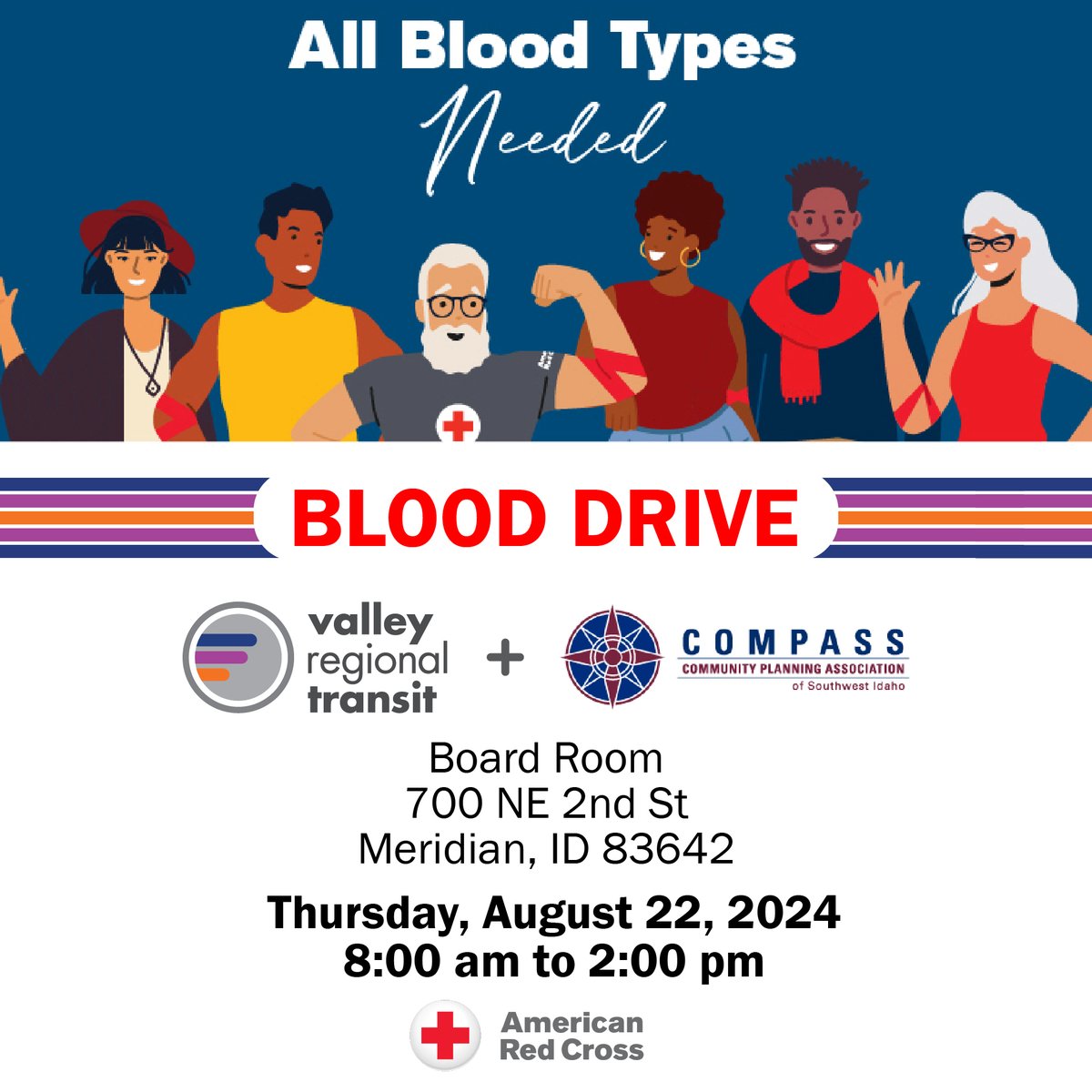 rideVRT's tweet photo. π¨ All Blood Types Needed! π¨
Join us for a Blood Drive on Thursday, Aug 22, at the VRT and COMPASS Board Room in Meridian, ID.
π We love our offices, and we love getting here by bus! Check out how you might ride in using Route 30 and 45. π
#BloodDrive #rideVRT #COMPASSIdaho https://t.co/ove1Cmp5MD