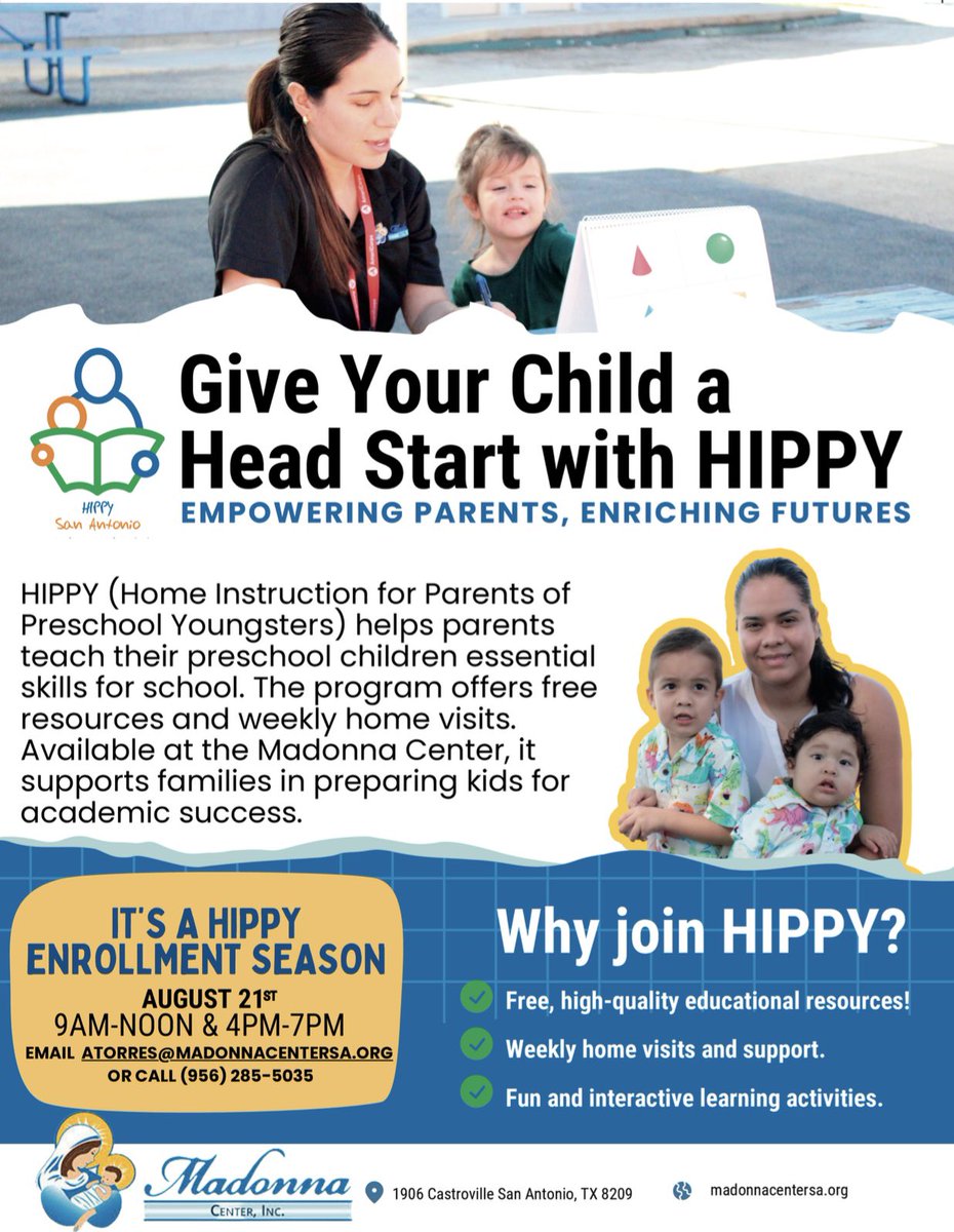 HIPPY Enrollment is here!! Take a look at our flyer to learn more about this amazing program the Madonna Center offers for families in our community. 🧡💙💚