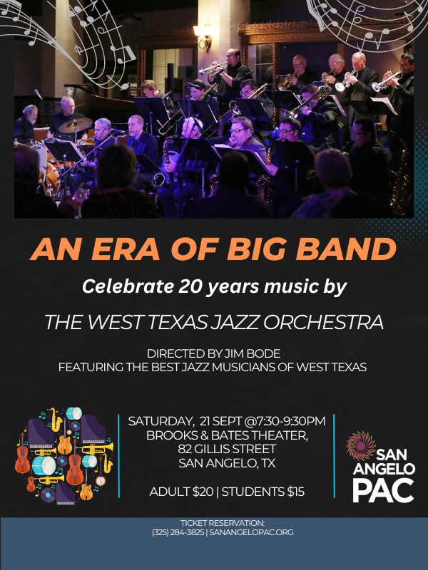 Join us to celebrate the West Texas Jazz Orchestra's 20th Anniversary!  #sanangelotx #sanangelotexas #abilene #abilenetx #abilenetexas #sanangelosmallbusiness #sanangelorealestate #sanangelomusic #goodfellowairforcebase #angelostate #angelostateuniversity #goodfellowafb #brontetx
