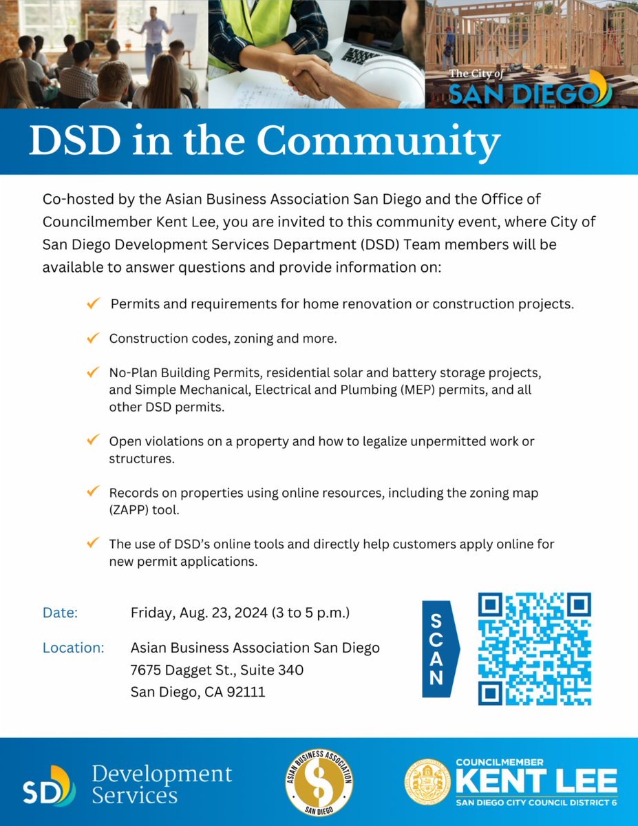 Asian Business Association SD (@abasd) on Twitter photo Meet the City of San Diego Development Services Department (DSD)! đźš§
Co-hosted by the ABASD and the Office of <a href="/CMKentLee/">Councilmember Kent Lee</a>, you are invited to this community event with DSD available to answer questions.
Email RSVP@abasd.org to reserve your spot. Meet the City of San Diego Development Services Department (DSD)! đźš§
Co-hosted by the ABASD and the Office of <a href="/CMKentLee/">Councilmember Kent Lee</a>, you are invited to this community event with DSD available to answer questions.
Email RSVP@abasd.org to reserve your spot.
