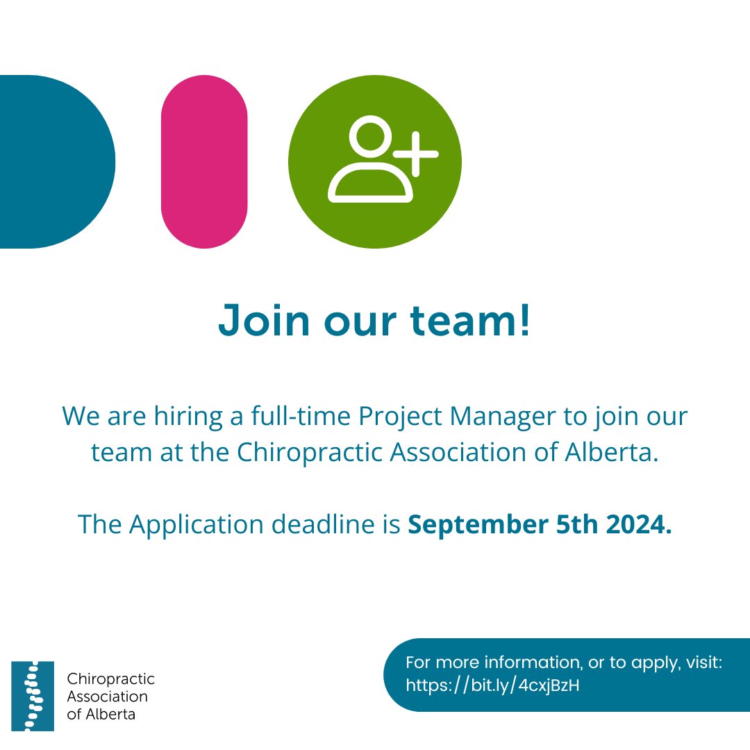 AlbertaChiro's tweet image. We're hiring a Full-Time Project Manager to join our team at the Chiropractic Association of Alberta! For more information visit: bit.ly/4cxjBzH #Hiring #ProjectManager #AlbertaJobs #JoinOurTeam