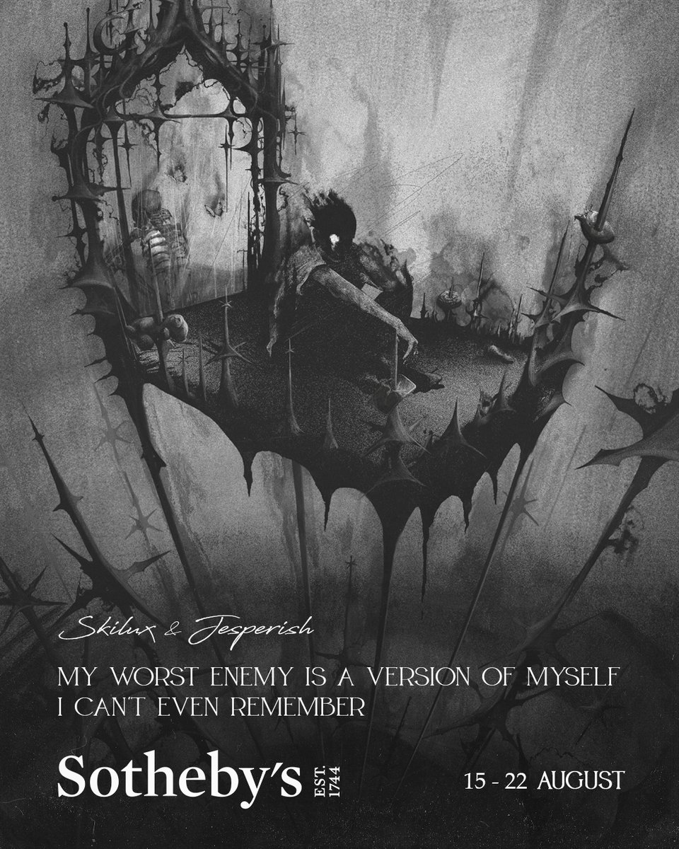 Myself &amp; <a href="/SkiluxDesigns/">𝐒𝐤𝐢𝐥𝐮𝐱</a> are very excited to announce

"𝐌𝐘 𝐖𝐎𝐑𝐒𝐓 𝐄𝐍𝐄𝐌𝐘 𝐈𝐒 𝐀 𝐕𝐄𝐑𝐒𝐈𝐎𝐍 𝐎𝐅 𝐌𝐘𝐒𝐄𝐋𝐅 𝐈 𝐂𝐀𝐍'𝐓 𝐄𝐕𝐄𝐍 𝐑𝐄𝐌𝐄𝐌𝐁𝐄𝐑"

 Will be auctioned in the second iteration of <a href="/Sothebys/">Sotheby's</a>  Digital Art Day Sale 🖤

Link to the lot can be found below