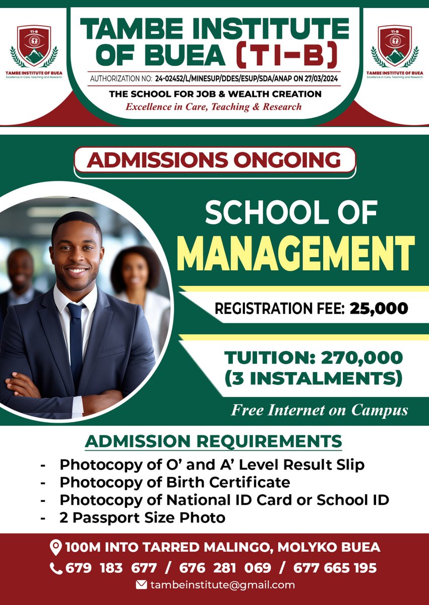 Admission is on into Tambe Institute of Buea! 🏫🎓
We offer a range of programs designed to empower students to achieve their ambitions:

- School of Engineering.
- School of Management.
- School of Biomedical Science.
- School of Business and Finance.

➡️ institute.eatambe.com