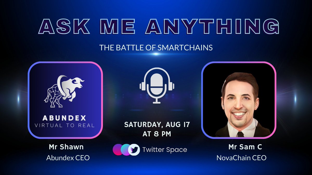 📣Mark Your Calendars!

Join us this Saturday, Aug 17, 2024, at 8 PM SGT for an exciting AMA: “The Battle of Smart Chains” with our CEO Shawn, and the CEO of NovaChain. Get insights into the evolving landscape of smart chains from two industry trailblazers!🚀

#AbunDex #NovaChain