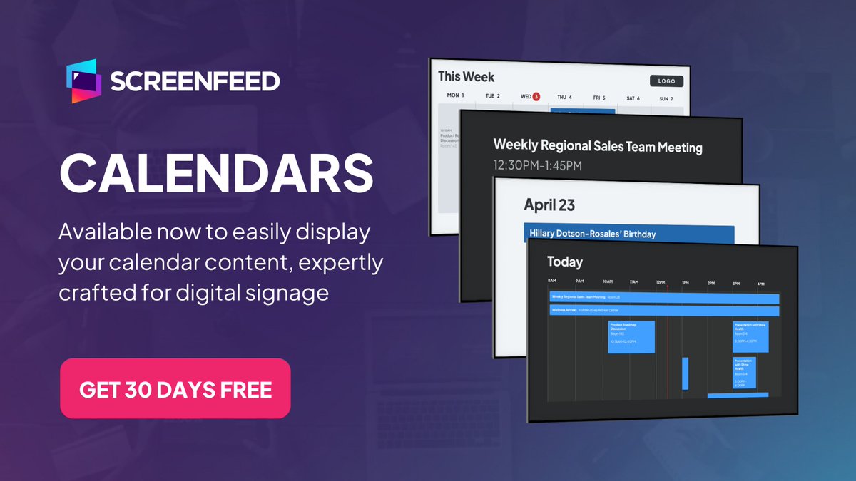 Screenfeed Content (@screenfeed) on Twitter photo π Calendars are now available from Screenfeed! Maintaining a calendar takes effort, but relaying accurate event, agenda and meeting details on-screen is effortless with Calendars for digital signage. Learn more or try free for 30 days: hubs.ly/Q02Lp1Yk0 π Calendars are now available from Screenfeed! Maintaining a calendar takes effort, but relaying accurate event, agenda and meeting details on-screen is effortless with Calendars for digital signage. Learn more or try free for 30 days: hubs.ly/Q02Lp1Yk0
