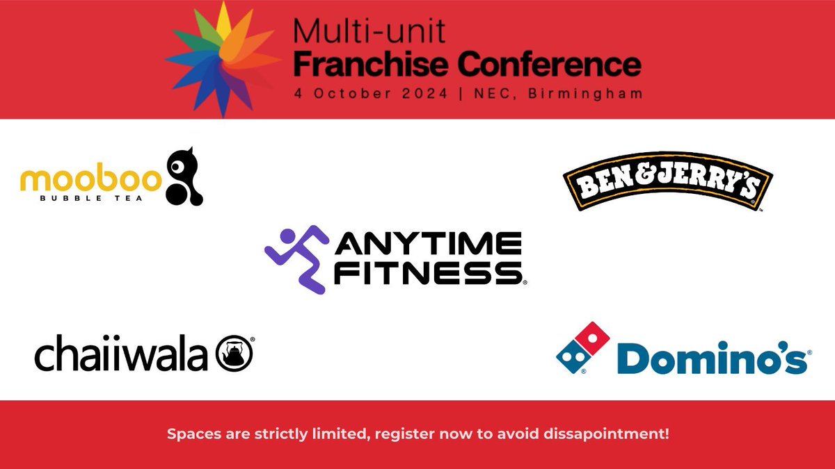 UKFranchising's tweet photo. The Multi-unit Franchise Conference is back! Delegates will hear from brands including Mooboo Bubble Tea, Anytime Fitness, Ben &amp; Jerry's, Chaiiwala and more! 

The conference takes place at the NEC, Bham on 4 Oct - book your exclusive pass today!  https://t.co/4NDw5gFTDM https://t.co/e97R0dG1N9