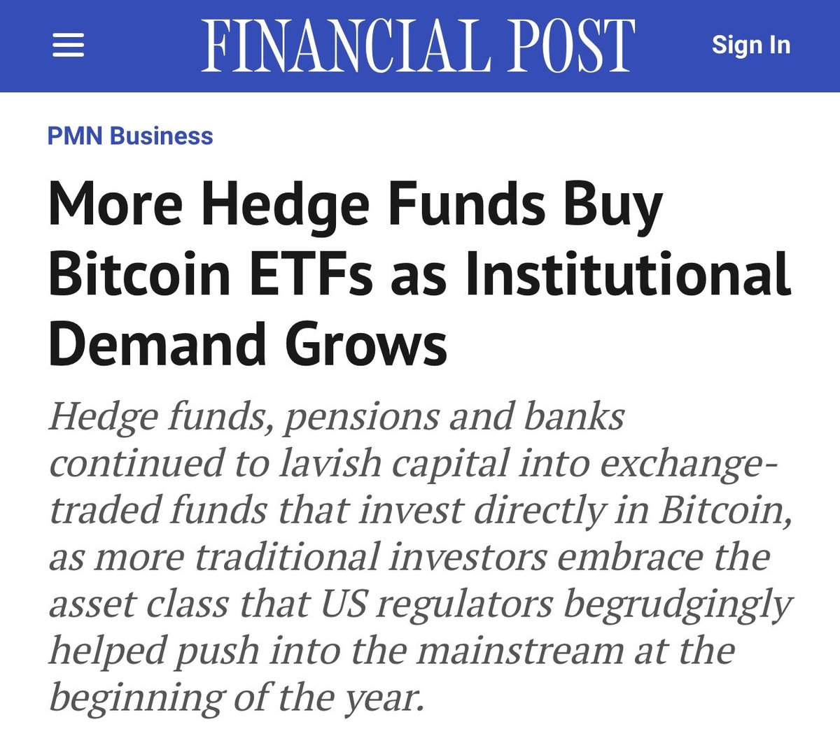 JUST IN: Financial Post says that institutional demand is continuing to  grow for spot #Bitcoin ETFs 👀 🚀