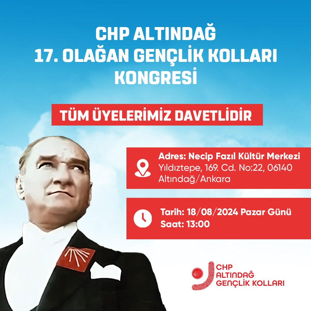 18 Ağustos Pazar Günü gerçekleşecek olan 17. Olağan Gençlik Kongremize bütün genç üyelerimiz davetlidir.