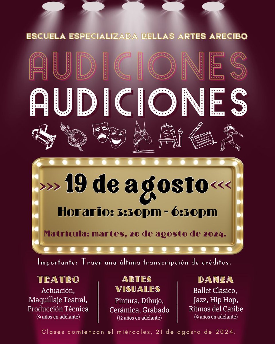 ATENTO AVISO
Las AUDICIONES para estudiantes de nuevo ingreso en los programas de ARTES VISUALES,  BAILE y TEATRO serán este próximo LUNES 19 AGOSTO en horario 3:30pm hasta 6:30pm. Importante traigan transcripción de créditos reciente